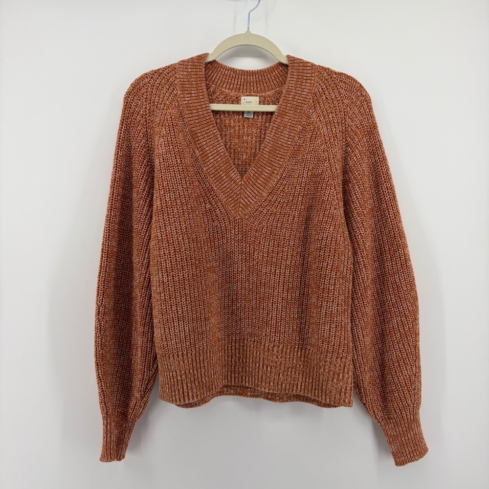 A New Day V-Neck Sweater Orange Women XS Shaker Stitch Balloon Sleeve Pullover